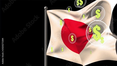 Japanese flag waving while neon-green dollar icons entering from right showing capital flow in CGI