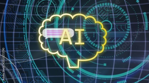 Yellow-outlined AI brain receiving left bubble, streaming binary for processing as thumbs looping