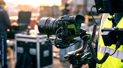 Professional cinema camera on gimbal stabilizer, digital filmmaking equipment on movie set, videographer filming with handheld rig