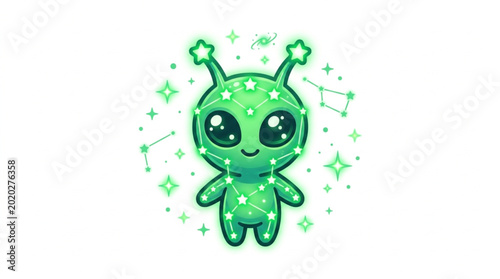Cute green alien character with big eyes and antennae.
