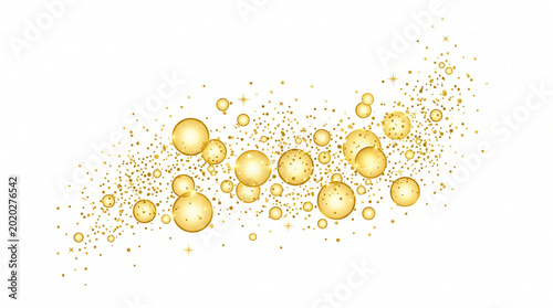 Tableau sur toile Golden bubbles floating in white space with sparkling particles