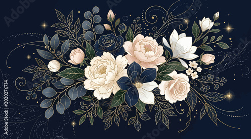 Photos Elegant floral arrangement with peonies and roses in navy blue and soft pastel c