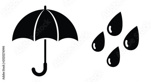 Tablou pe pânză Umbrella and raindrops icon set black silhouette