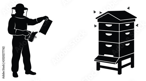 Bild auf Leinwand beekeeper silhouette with beehive and bees on white background