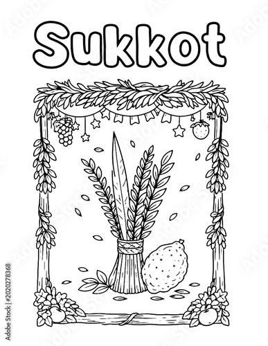 Sukkot coloring page with Jewish family decorating the sukkah hut, line art