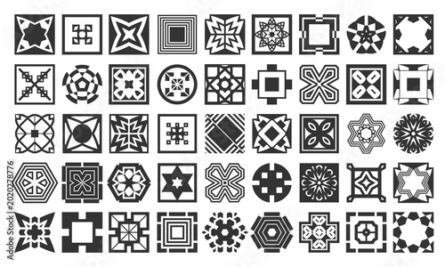 Forty-five monochrome geometric compositions and decorative elements for design projects. Vector set