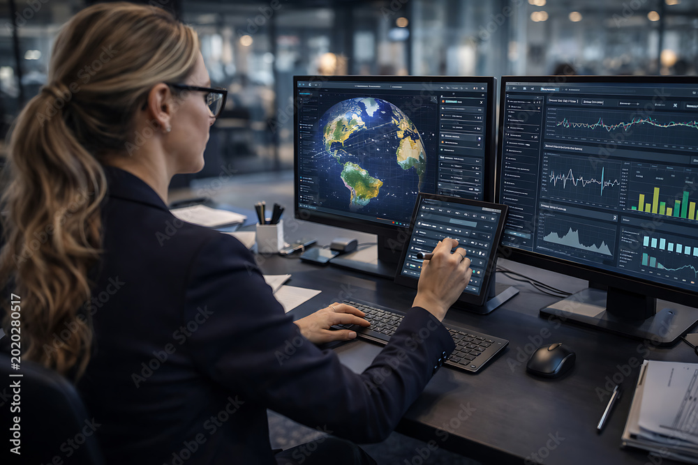 Fototapeta premium Woman analyzing complex data visualizations on multiple digital screens at work