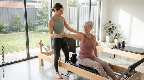 Pilates instructor guiding elderly woman on reformer