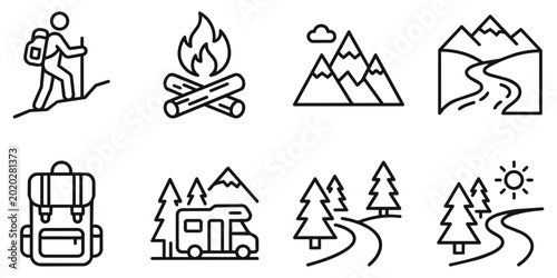 Camping Adventure Line Icons Set Hiking Campfire Backpack Cabin Mountain Forest Nature Outdoor Travel Symbols Isolated on White Background