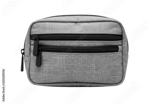Grey fabric pencil case or cosmetic pouch with two zippered compartments isolated on transparent background