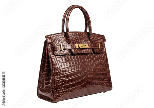 Luxury brown crocodile leather birkin handbag isolated on transparent background