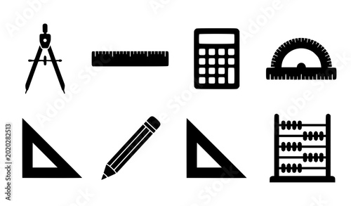 Fotografie Mathematical Equipment Silhouette Vector Set Compass Ruler Calculator Collection
