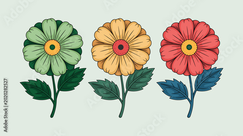 Three stylized sunflower with green stems and leaves on white background petals yellow