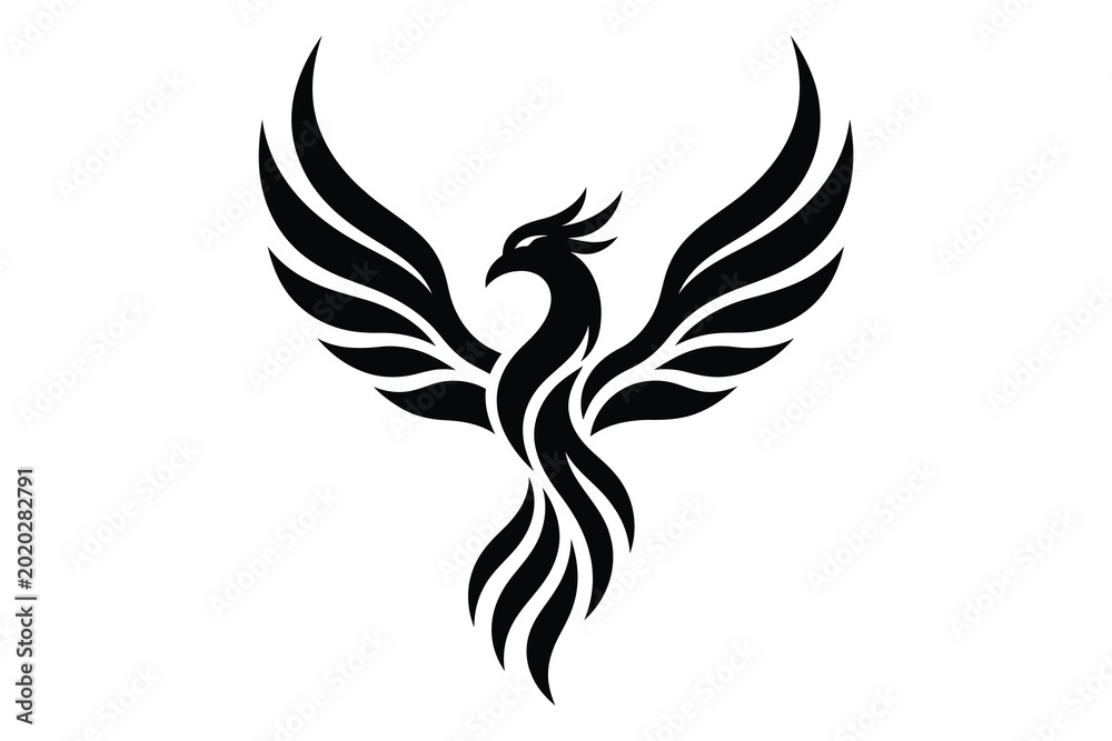 Obraz premium Black phoenix bird with fiery tail in silhouette style
