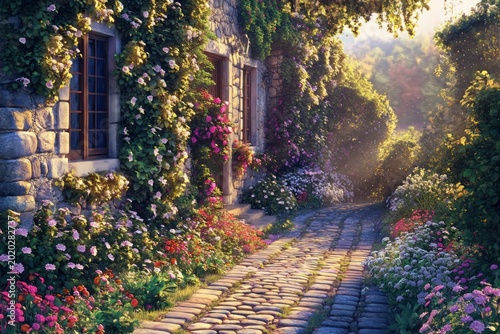 Sunny Stone Path,  Flower-Filled Cottage