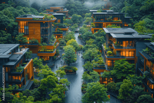 Many houses line a street in the woods.