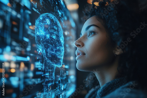 Woman gazing at a futuristic head.