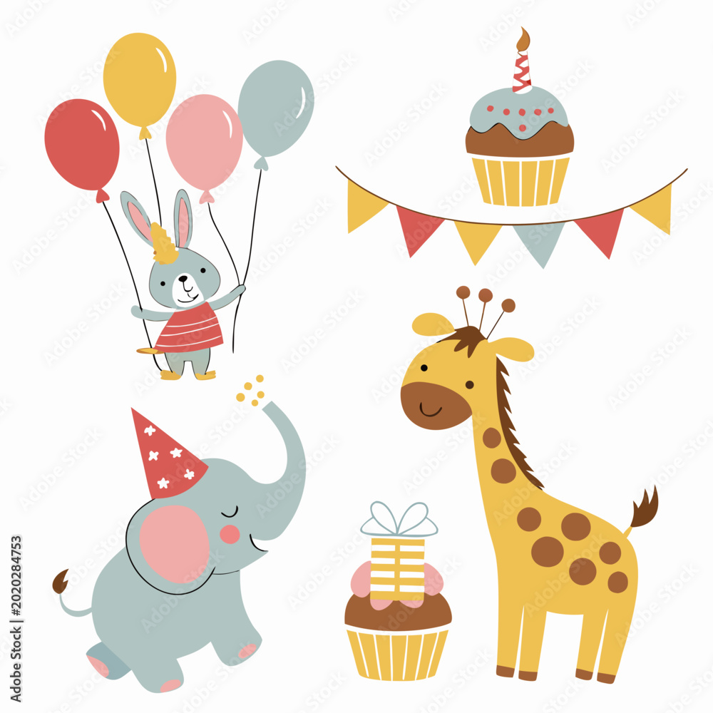 Fototapeta premium Colorful birthday party animals and cupcakes