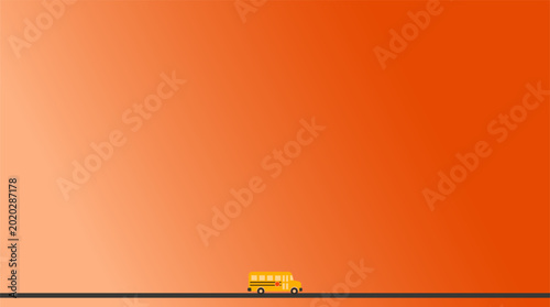 Photos School bus on the road against a vibrant orange background