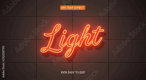 Glowing orange neon text effect with Light word, editable vector typography on dark tiled background, retro luminous script sign for nightlife