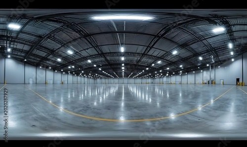 Large empty industrial warehouse with concrete floor and high ceiling.