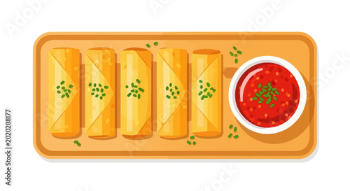Konstfotografi Delicious spring rolls, Asian cuisine, food icons, vector illustration, golden d