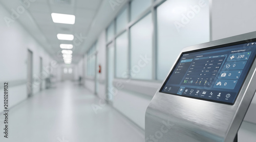 Hospital corridor, touchscreen kiosk, medical facility, healthcare technology