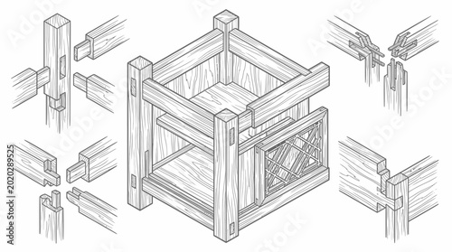 Fotografia Isometric Illustration of Traditional Wooden Structure Assembly with Japanese Jo