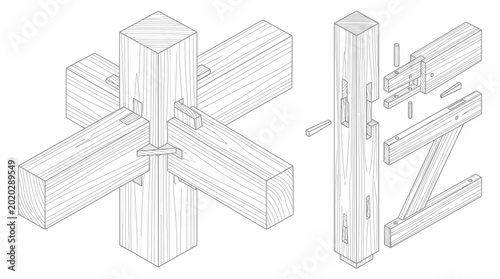 Bild auf Leinwand Isometric Diagram of Traditional Japanese Woodworking Intersecting Cross Joint,