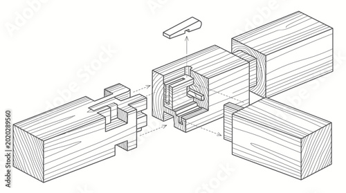 Photos Isometric Illustration of Complex Wooden Corner Joint Interlocking Components, T
