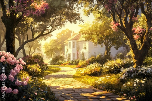 Sunlit Garden Path to Charming House