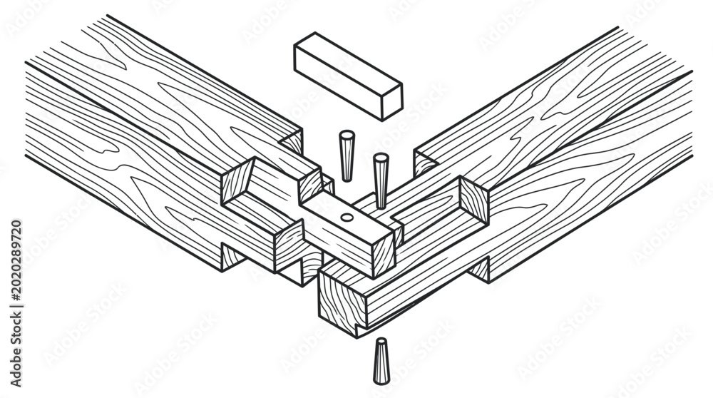 Αυτοκόλλητο Traditional Japanese Woodworking Joint Isometric Diagram with Pins, Asian Carpen