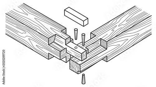 Φωτογραφία Traditional Japanese Woodworking Joint Isometric Diagram with Pins, Asian Carpen