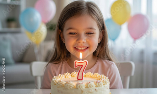 Cute little girl blowing out candle on birthday cake in living room