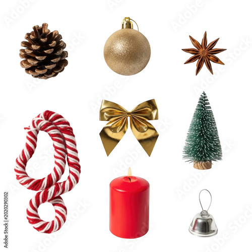 Assorted festive holiday decorations including ornaments and wrapped gift