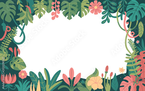 Jungle floral frame background with tropical monstera leaves and flowers for social media posts and event invitation art