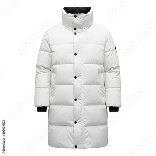 A stylish white puffer coat with black trim and hood for outdoor winter wear