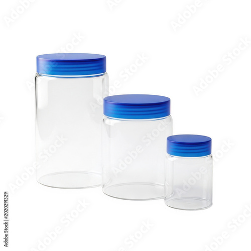 Three stacked blue plastic containers with white lids in a row