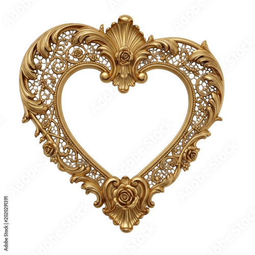 Intricate gold-colored heart adorned with ornate floral and leaf designs
