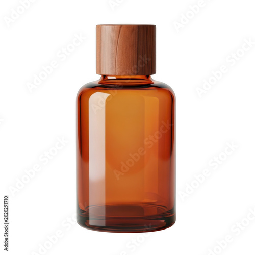 Amber glass bottle with brown liquid and a cork stopper