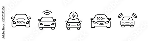 Tableau sur toile Smart electric car web line icons set fully charged vehicle autonomous driving mode EV battery power wireless connected auto  vector illustration with editable stroke
