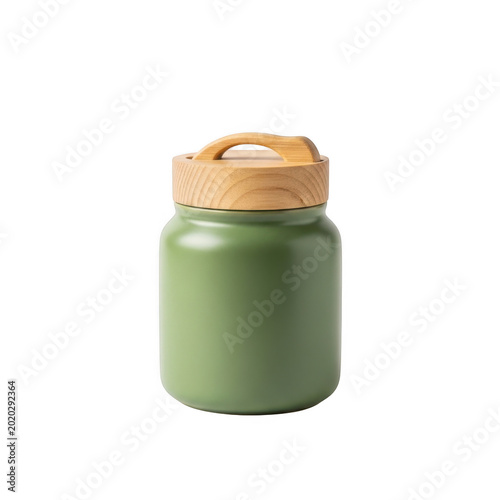 Small jar with green cream and wooden lid on a neutral surface