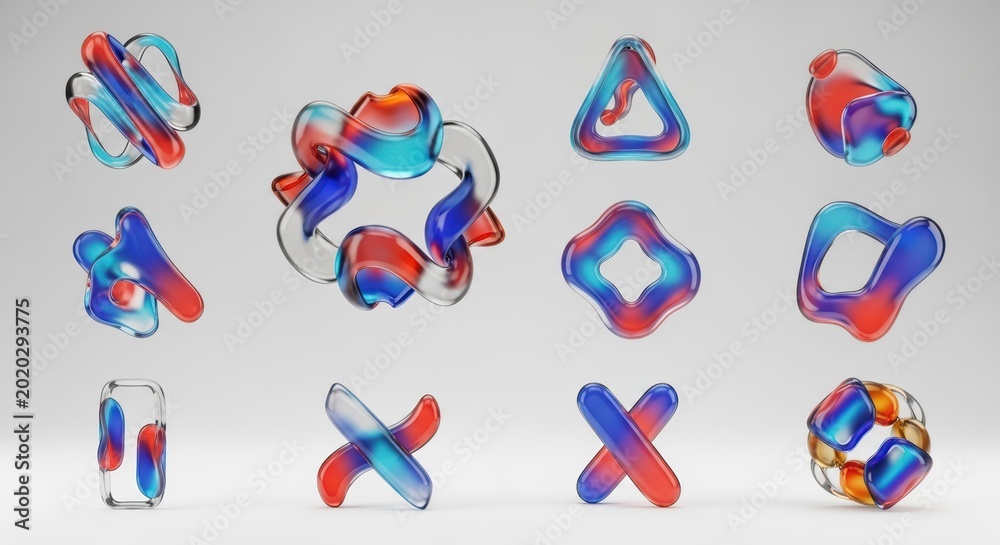 Fototapeta premium A collection of glossy, transparent icons crafted from fluid glass material, featuring refractive light effects and sleek modern design, overlay, 3d, high quality