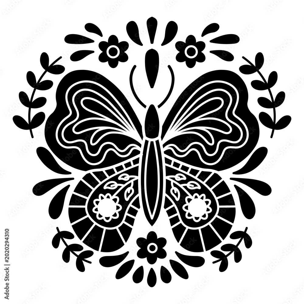 Fototapeta premium Ornate butterfly silhouette with floral elements t-shirt design