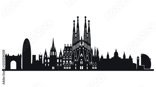 Black silhouette of the beautiful Barcelona city skyline featuring famous landmarks in a detailed vector illustration