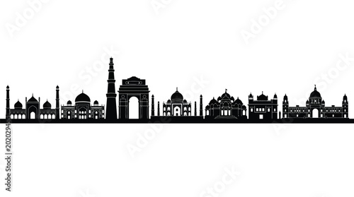 Detailed silhouette illustration of iconic indian landmarks forming a beautiful city skyline for travel designs
