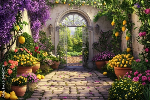 Sunlit Courtyard Garden Path, Archway, Flowers