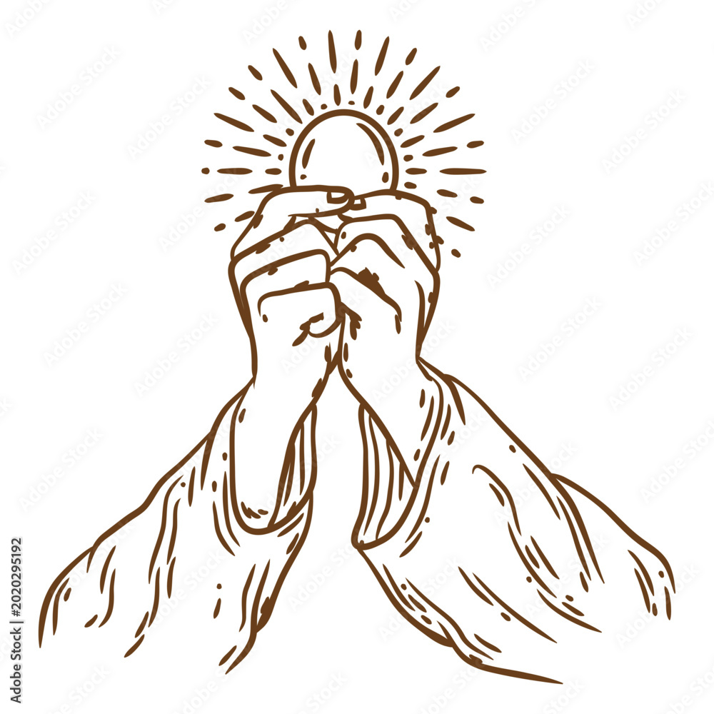 Φωτογραφία Sacred hands holding a luminous host illustration