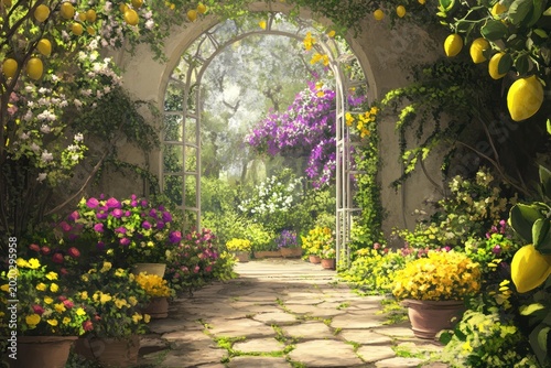 Sunlit Archway to Vibrant Blossoming Garden