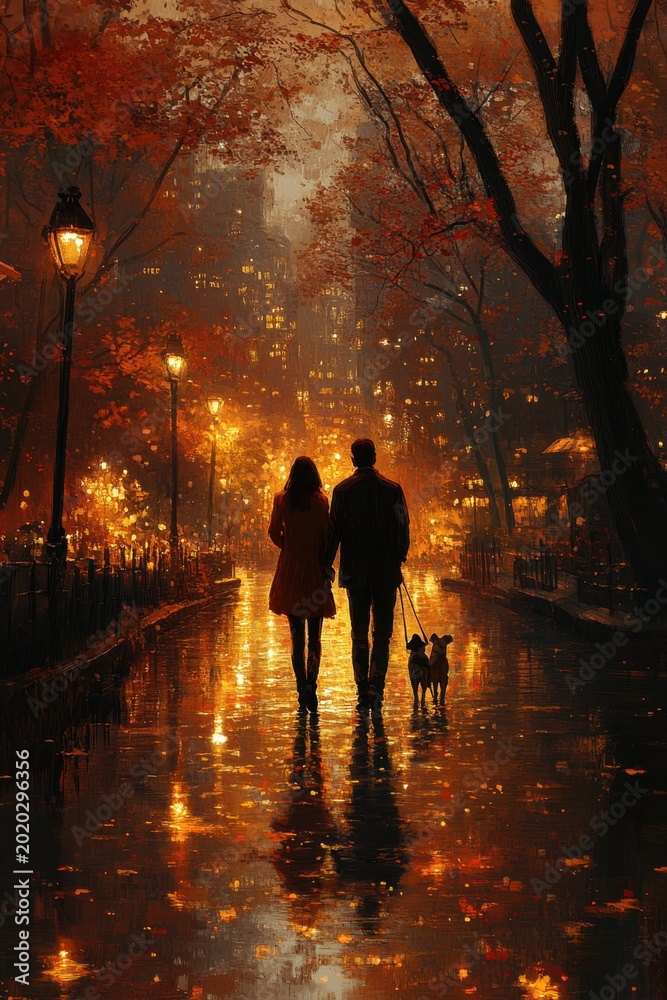 Fototapeta premium Couple walking in rain.
